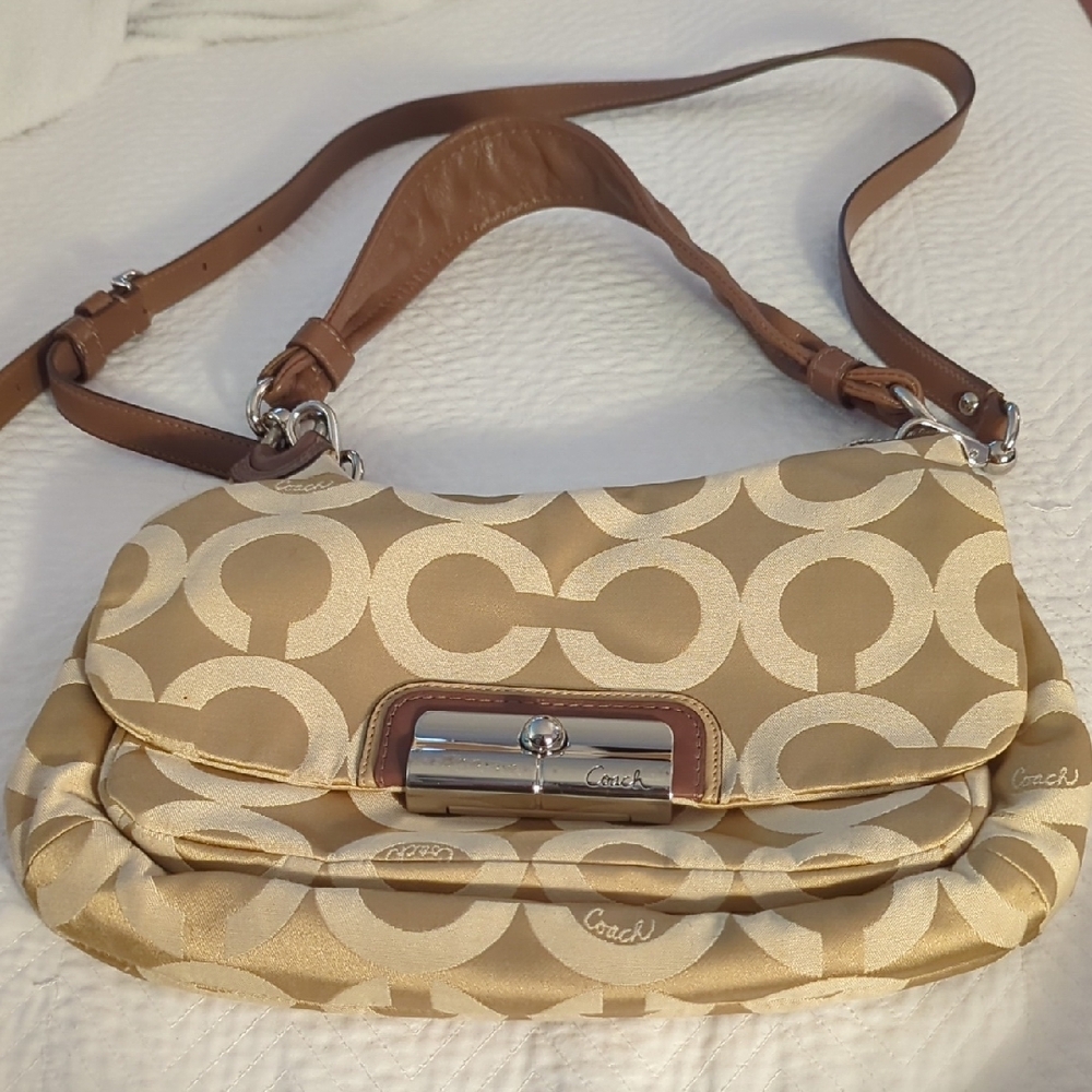 Coach Tan and Cream Monogram Shoulder Bag with Silver Clasp